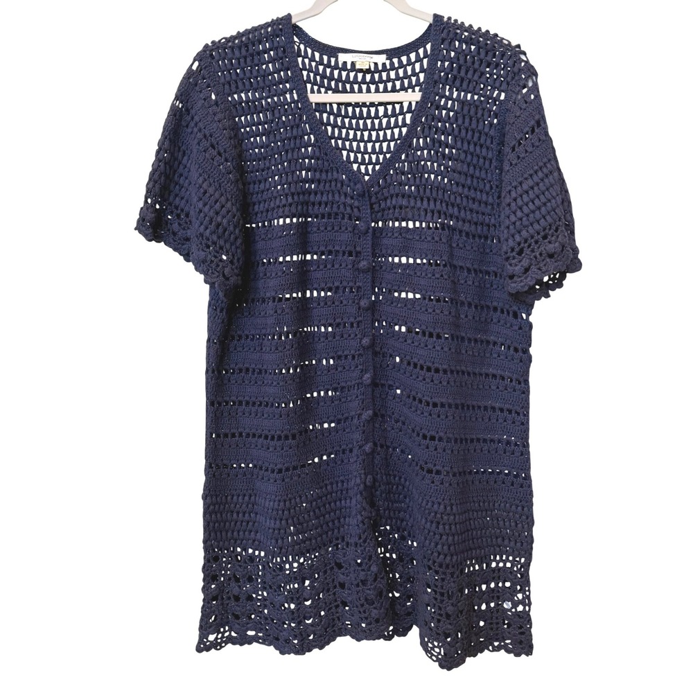 Vintage Liz Claiborne 90s Blue Crochet Chunky Knit Cardigan 3X Short Sleeve Boho